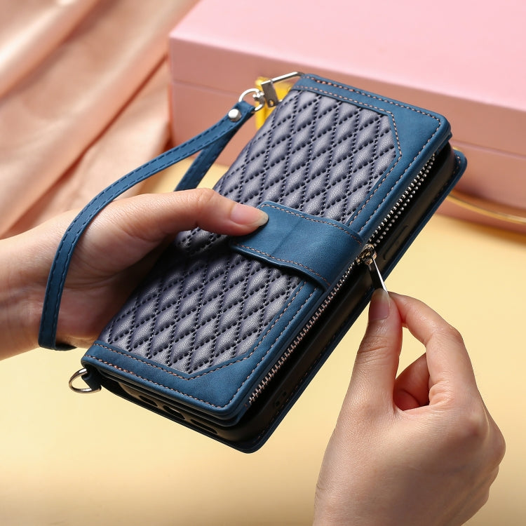 Para iPhone 15 Grid Texture Funda de Cuero con Cremallera para Teléfono con Cordón (Azul) - MOVILSTORE
