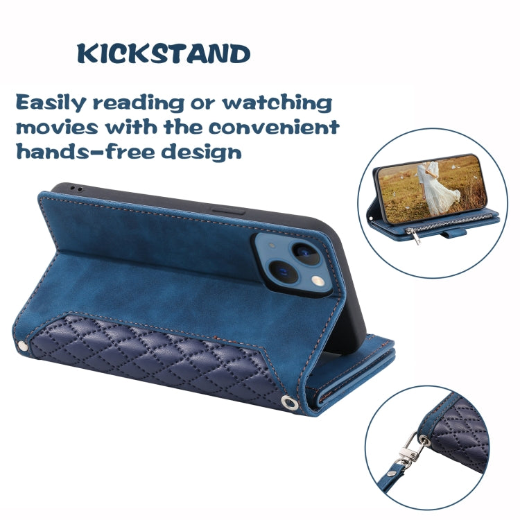 Para iPhone 15 Grid Texture Funda de Cuero con Cremallera para Teléfono con Cordón (Azul) - MOVILSTORE