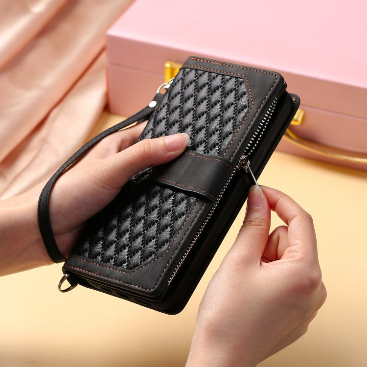 Para iPhone 15 Grid Texture Funda de Cuero con Cremallera para Teléfono con Cordón (Negro) - MOVILSTORE