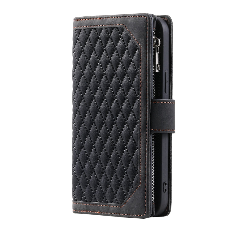 Para iPhone 15 Grid Texture Funda de Cuero con Cremallera para Teléfono con Cordón (Negro) - MOVILSTORE