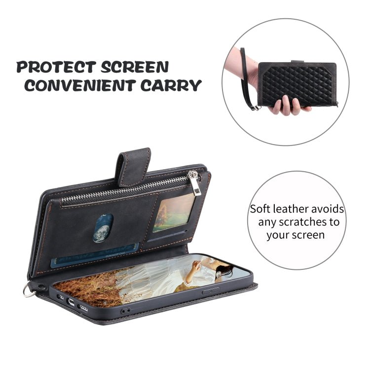 Para iPhone 15 Grid Texture Funda de Cuero con Cremallera para Teléfono con Cordón (Negro) - MOVILSTORE