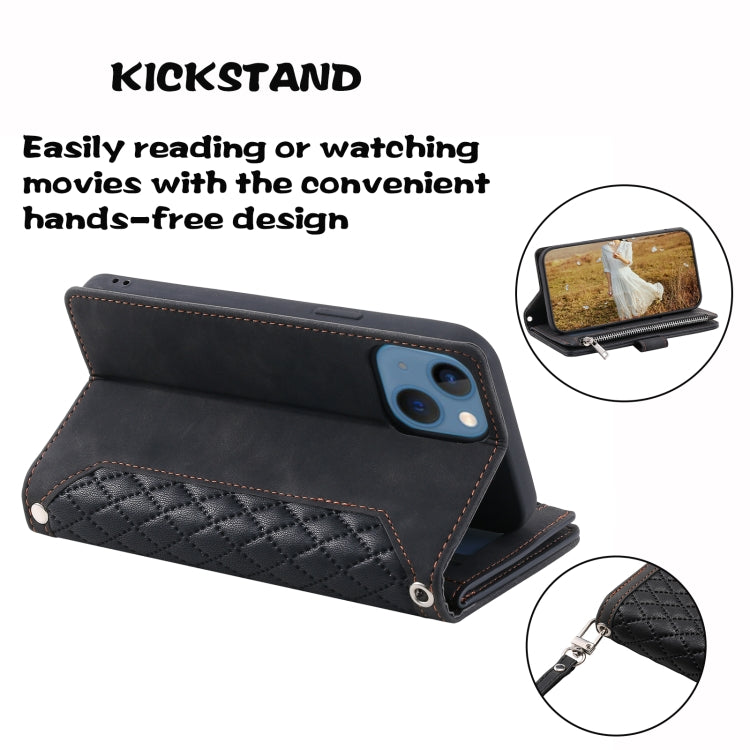 Para iPhone 15 Grid Texture Funda de Cuero con Cremallera para Teléfono con Cordón (Negro) - MOVILSTORE