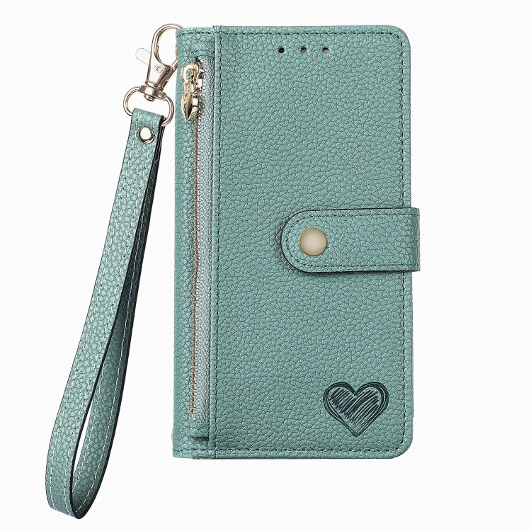 Para iPhone 15 Love Zipper Lanyard Funda de Cuero para Teléfono (Verde) - MOVILSTORE