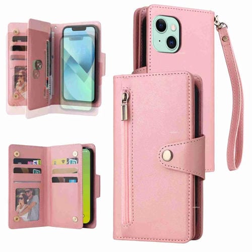 Para iPhone 15 Remache Hebilla 9 Tarjetas Funda de Cuero para Teléfono con Tres Pliegues (Oro Rosa) - MOVILSTORE
