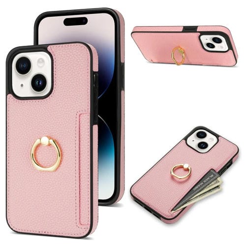 Para iPhone 15 Ring Card Litchi Funda Trasera de Cuero para Teléfono (Rosa) - MOVILSTORE