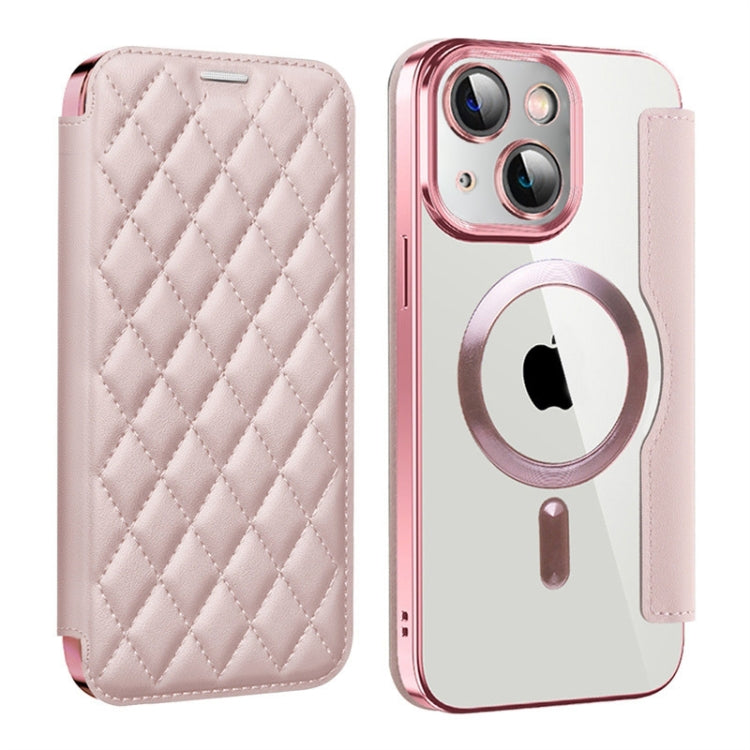 Para iPhone 15 Shield Magsafe Rfid Funda de Teléfono de Cuero con Rombos Antirrobo (Rosa) - MOVILSTORE