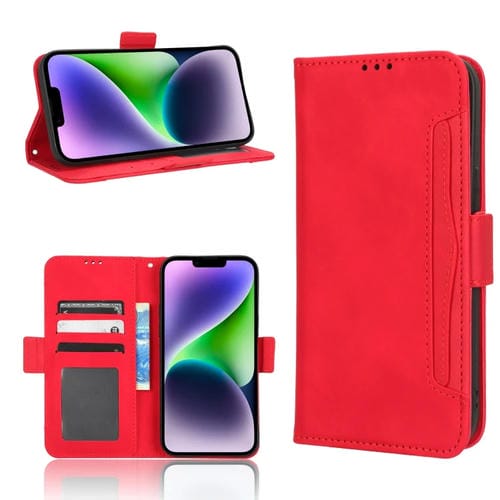 Para iPhone 15 Skin Feel Becerro Textura Ranuras para Tarjetas Funda de Cuero para Teléfono (Rojo) - MOVILSTORE