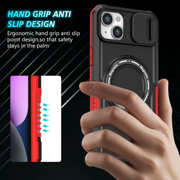 Para iPhone 15 Sliding Camshield Magsafe Holder TPU Hybrid PC Funda para Teléfono (Negro Rojo) - MOVILSTORE