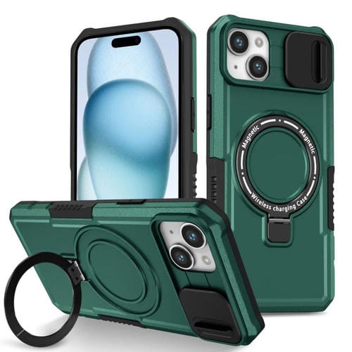 Para iPhone 15 Sliding Camshield Magsafe Holder TPU Hybrid PC Funda para Teléfono (Verde Oscuro) - MOVILSTORE